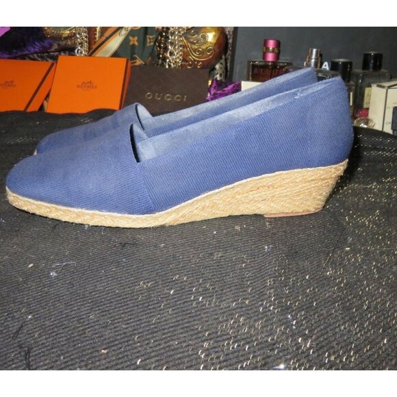 André Assous Blue Khloe Woven Italian Leather Espadrille Wedges size 6.5 - Picture 1 of 12